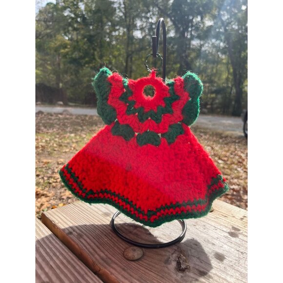 Vintage Handmade Crochet Christmas Dress Decor/Hot Pad/dish soap dress Red & Gre - Picture 7 of 10